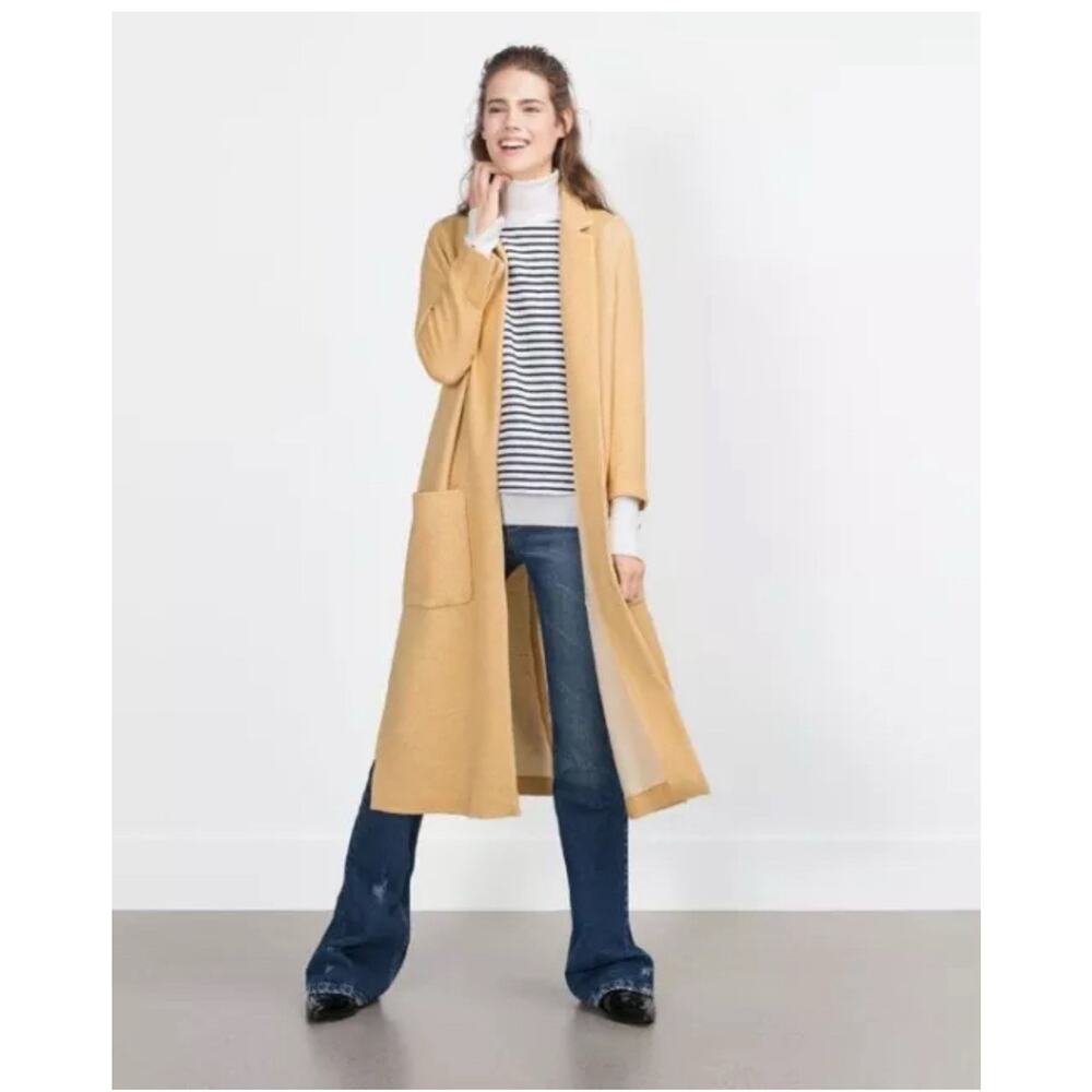 ZARA Women’s Long Sleeve Open Front Long Coatigan Cardigan Yellow Size M